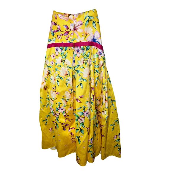 MARCHESA NOTTE Yellow Floral Printed Mikado Strapless Tea Midi Dress Size 18 - Picture 7 of 13